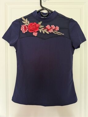 Navy Floral Appliqué Mock Neck Top